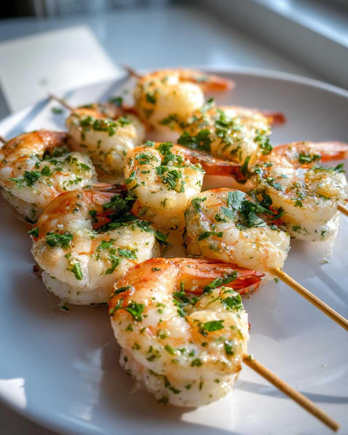 Close-up of juicy Air Fryer Garlic Butter Shrimp Skewers seasoned with fresh parsley on a white plate.