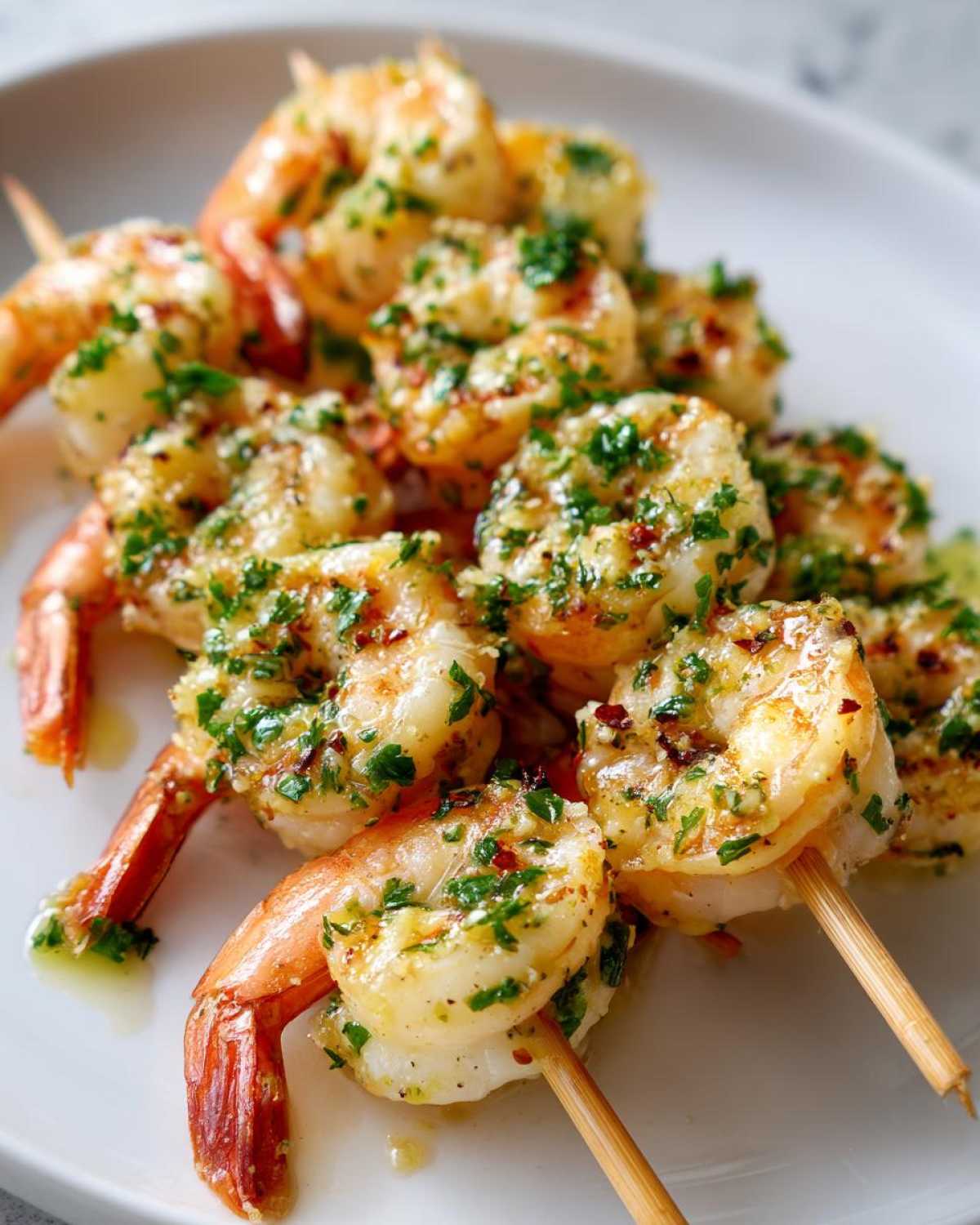 Close-up of juicy Air Fryer Garlic Butter Shrimp Skewers drizzled with melted butter and fresh parsley.
