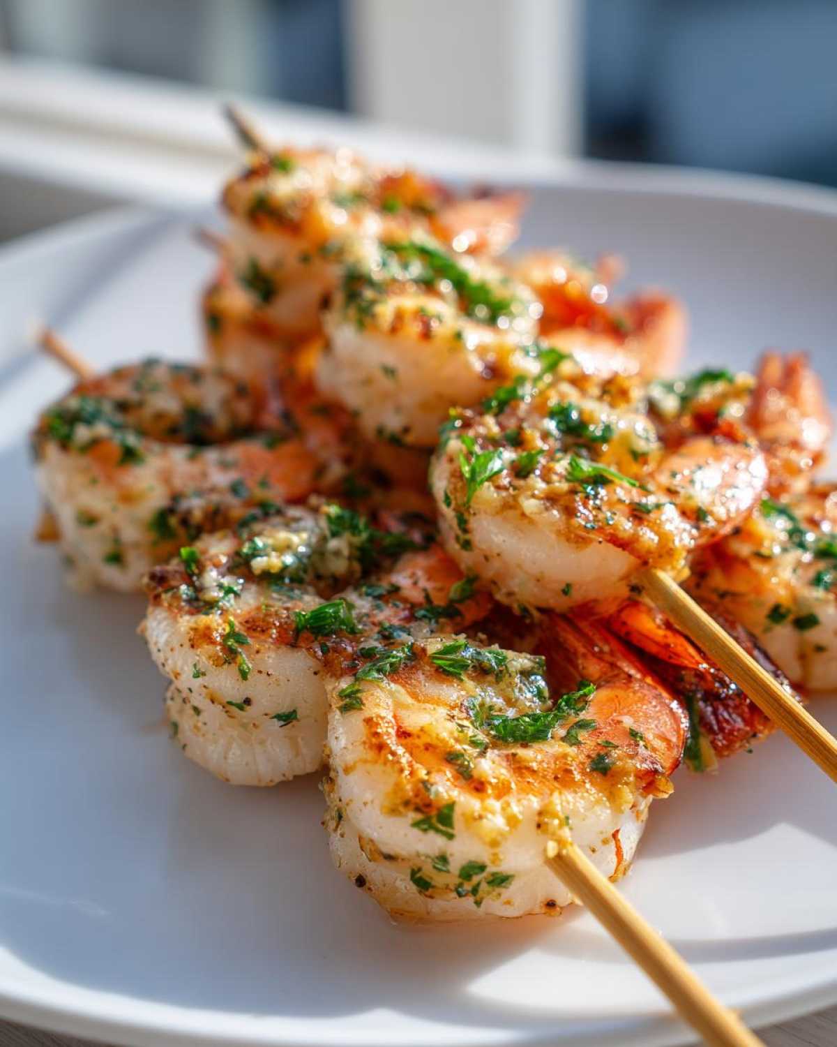 Close-up of juicy Air Fryer Garlic Butter Shrimp Skewers seasoned with parsley on a white plate.