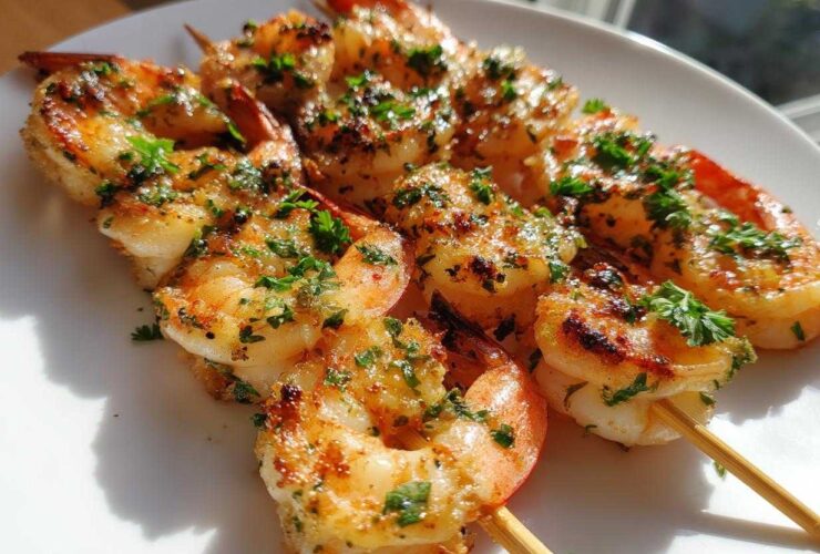 Close-up of cooked Air Fryer Garlic Butter Shrimp Skewers, seasoned with herbs, resting on a white plate.