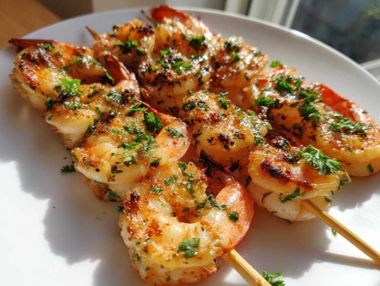 Close-up of cooked Air Fryer Garlic Butter Shrimp Skewers, seasoned with herbs, resting on a white plate.