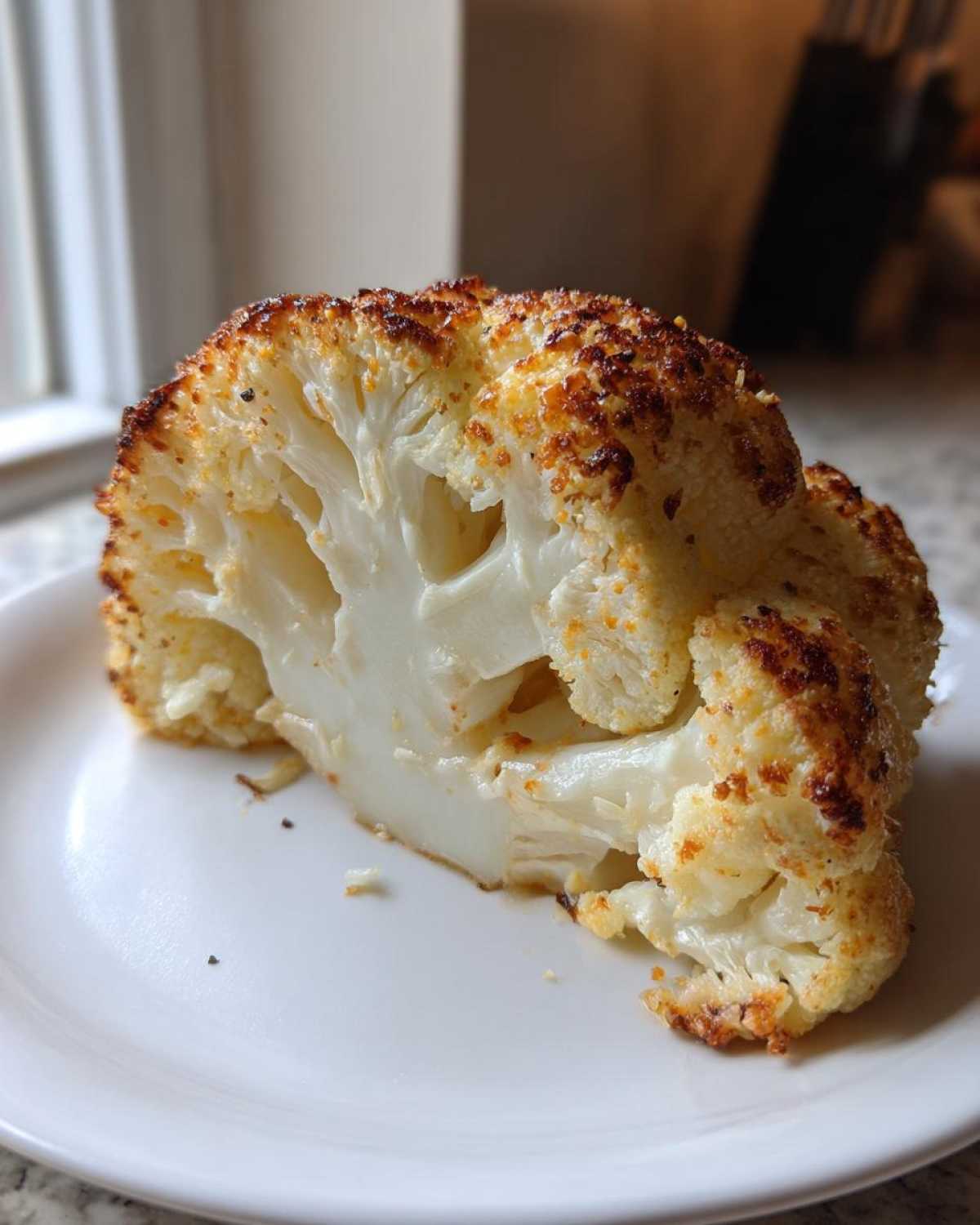 A thick, golden-brown Air Fryer Garlic Parmesan Cauliflower Steak slice served on a white plate.