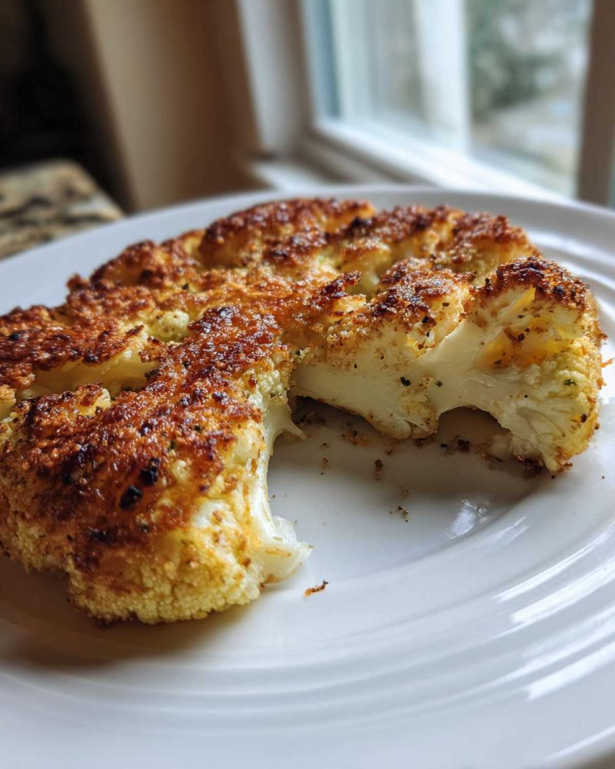 A perfectly cooked Air Fryer Garlic Parmesan Cauliflower Steak, golden brown and crispy, served on a white plate.