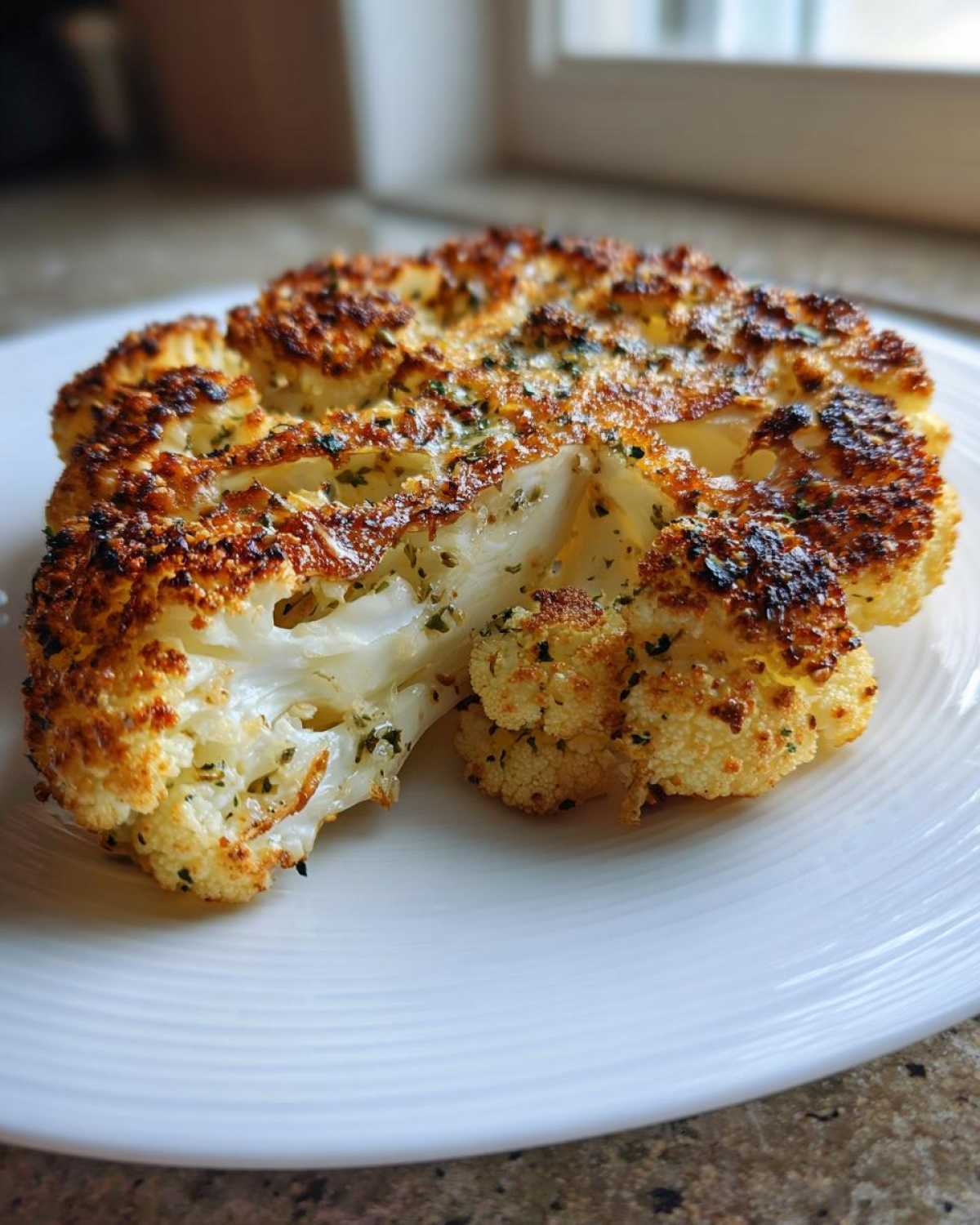 Close-up of a golden brown Air Fryer Garlic Parmesan Cauliflower Steak, seasoned with herbs, on a white plate.