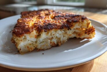 Close-up of a crispy, golden-brown Air Fryer Garlic Parmesan Cauliflower Steak with a bite taken out.