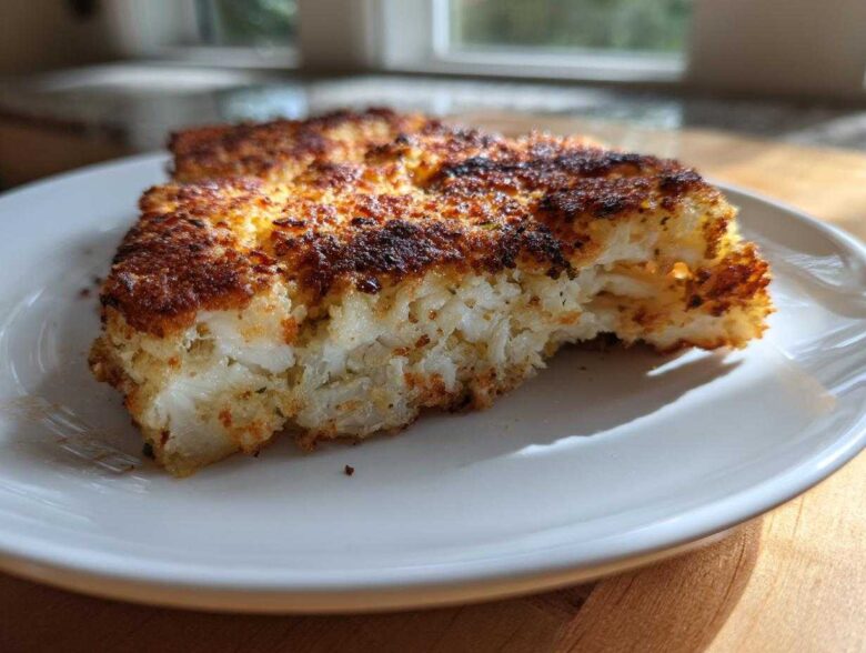 Close-up of a crispy, golden-brown Air Fryer Garlic Parmesan Cauliflower Steak with a bite taken out.
