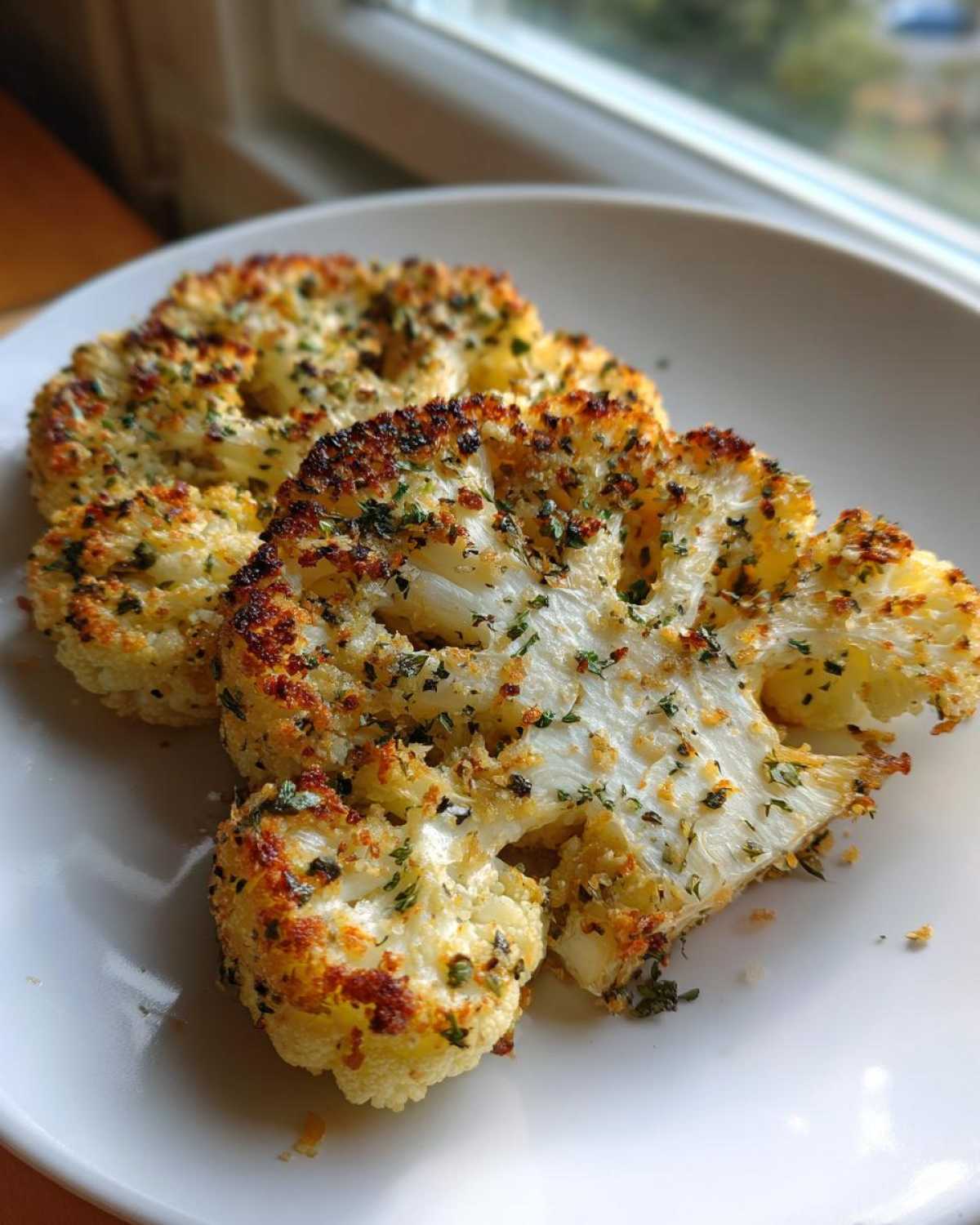 Two golden-brown Air Fryer Garlic Parmesan Cauliflower Steaks seasoned with herbs on a white plate.