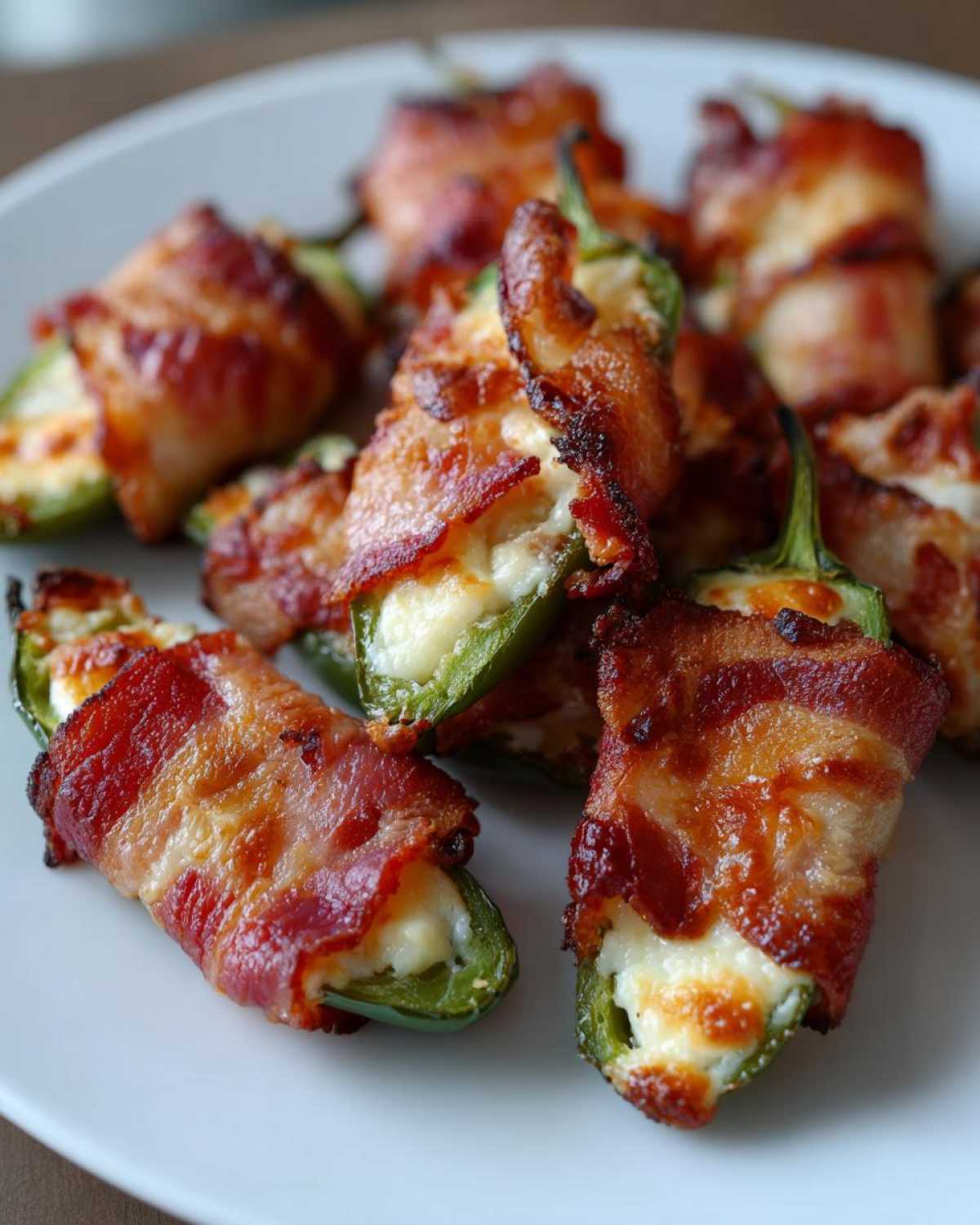 Close-up of crispy Air Fryer Stuffed Jalapeno Poppers with Bacon and melted cheese filling on a white plate.