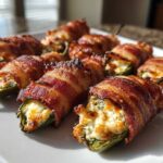 Close-up of several crispy, bacon-wrapped Air Fryer Stuffed Jalapeno Poppers filled with melted cheese.