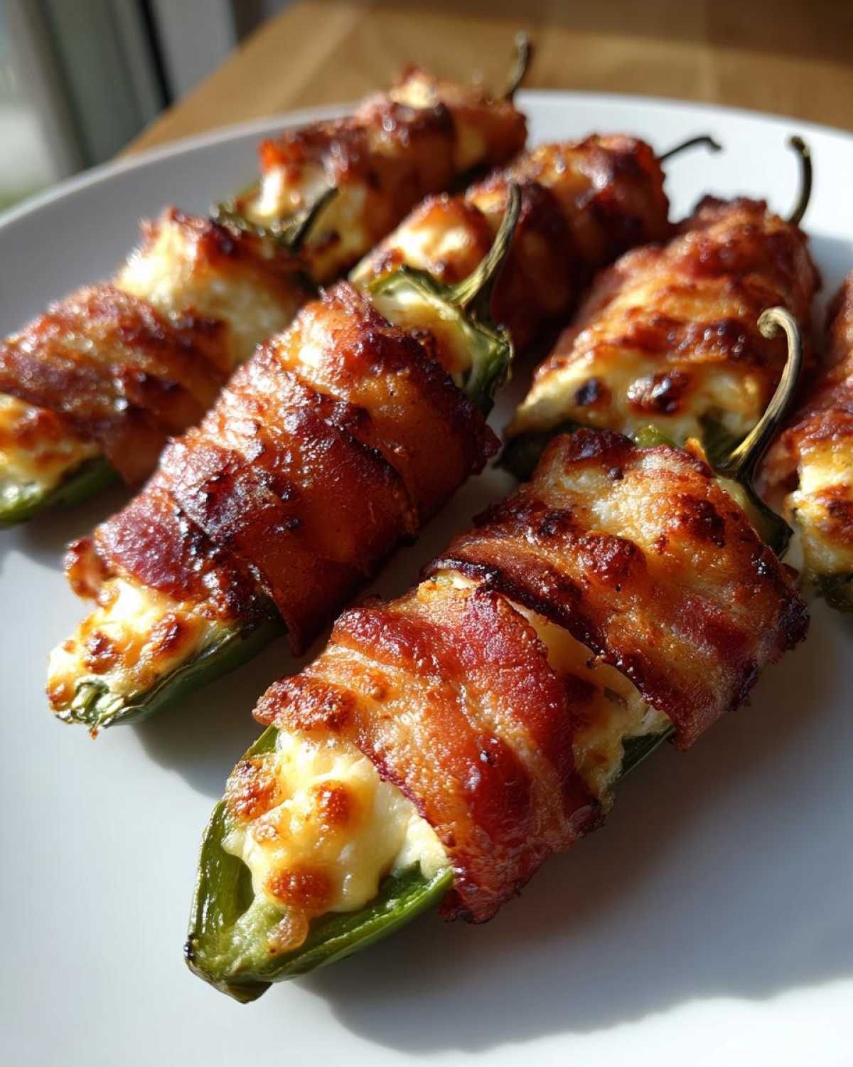Close-up of crispy bacon-wrapped Air Fryer Stuffed Jalapeno Poppers filled with melted cheese.