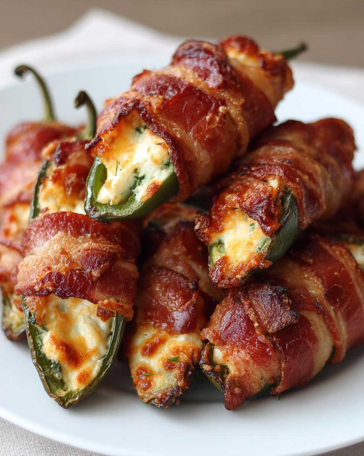 A pile of crispy Air Fryer Stuffed Jalapeno Poppers with Bacon, showing creamy filling spilling out.
