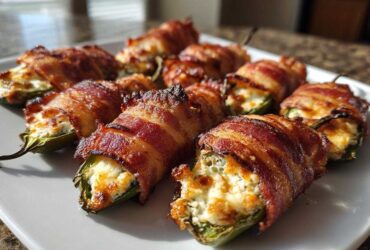 Close-up of several crispy, bacon-wrapped Air Fryer Stuffed Jalapeno Poppers filled with melted cheese.