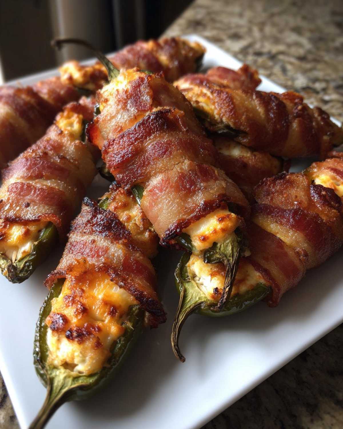 A plate piled high with crispy, bacon-wrapped Air Fryer Stuffed Jalapeno Poppers filled with melted cheese.