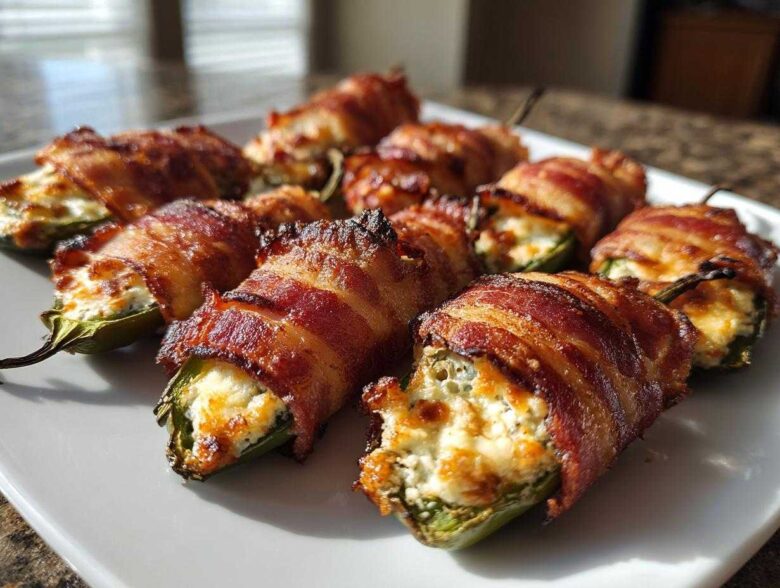 Close-up of several crispy, bacon-wrapped Air Fryer Stuffed Jalapeno Poppers filled with melted cheese.