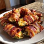 A plate piled high with crispy, bacon-wrapped Air Fryer Stuffed Jalapeno Poppers filled with melted cheese.