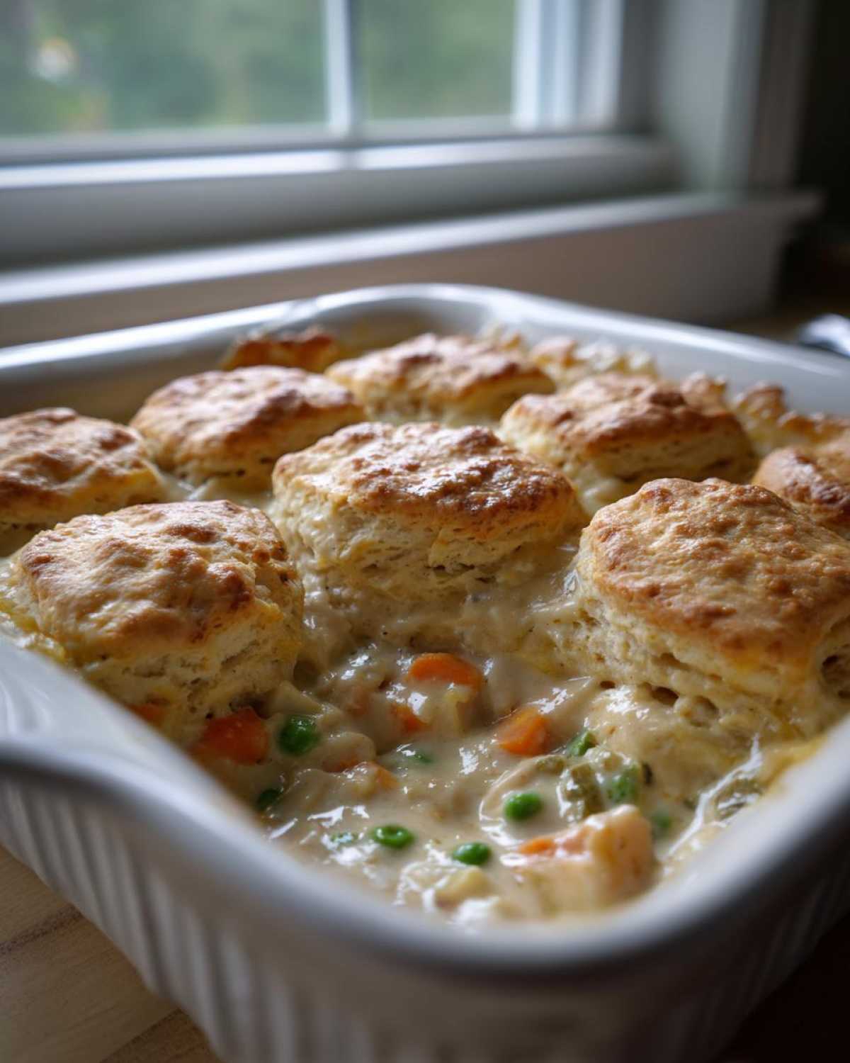 Close-up of golden biscuits topping a creamy chicken pot pie casserole filled with peas and carrots.