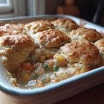 Close-up of an amazing chicken pot pie casserole topped with golden brown biscuits.