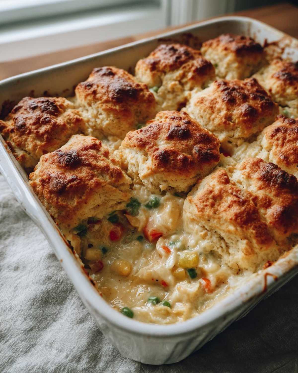 Close-up of a bubbling chicken pot pie casserole topped with golden brown biscuits, showing creamy filling and vegetables.