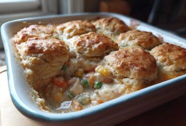 Close-up of an amazing chicken pot pie casserole topped with golden brown biscuits.
