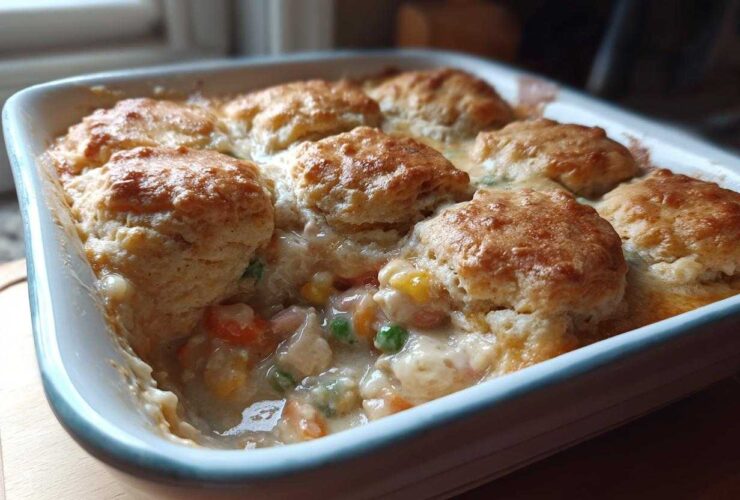 Close-up of an amazing chicken pot pie casserole topped with golden brown biscuits.
