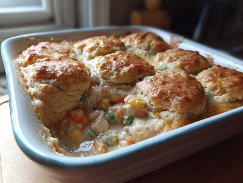 Close-up of an amazing chicken pot pie casserole topped with golden brown biscuits.