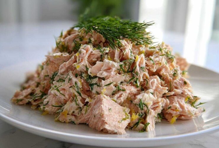 A mound of flaky pink salmon salad mixed with fresh dill and lemon zest, served on a white plate.