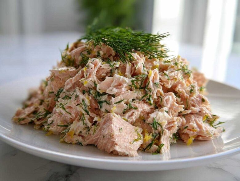 A mound of flaky pink salmon salad mixed with fresh dill and lemon zest, served on a white plate.