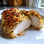 Close-up of baked ranch chicken, cut in half showing moist white meat and crispy, golden ranch coating.