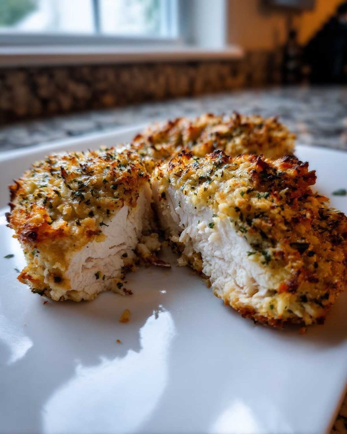 Close-up of baked ranch chicken cut in half showing the juicy white interior and crispy ranch coating.