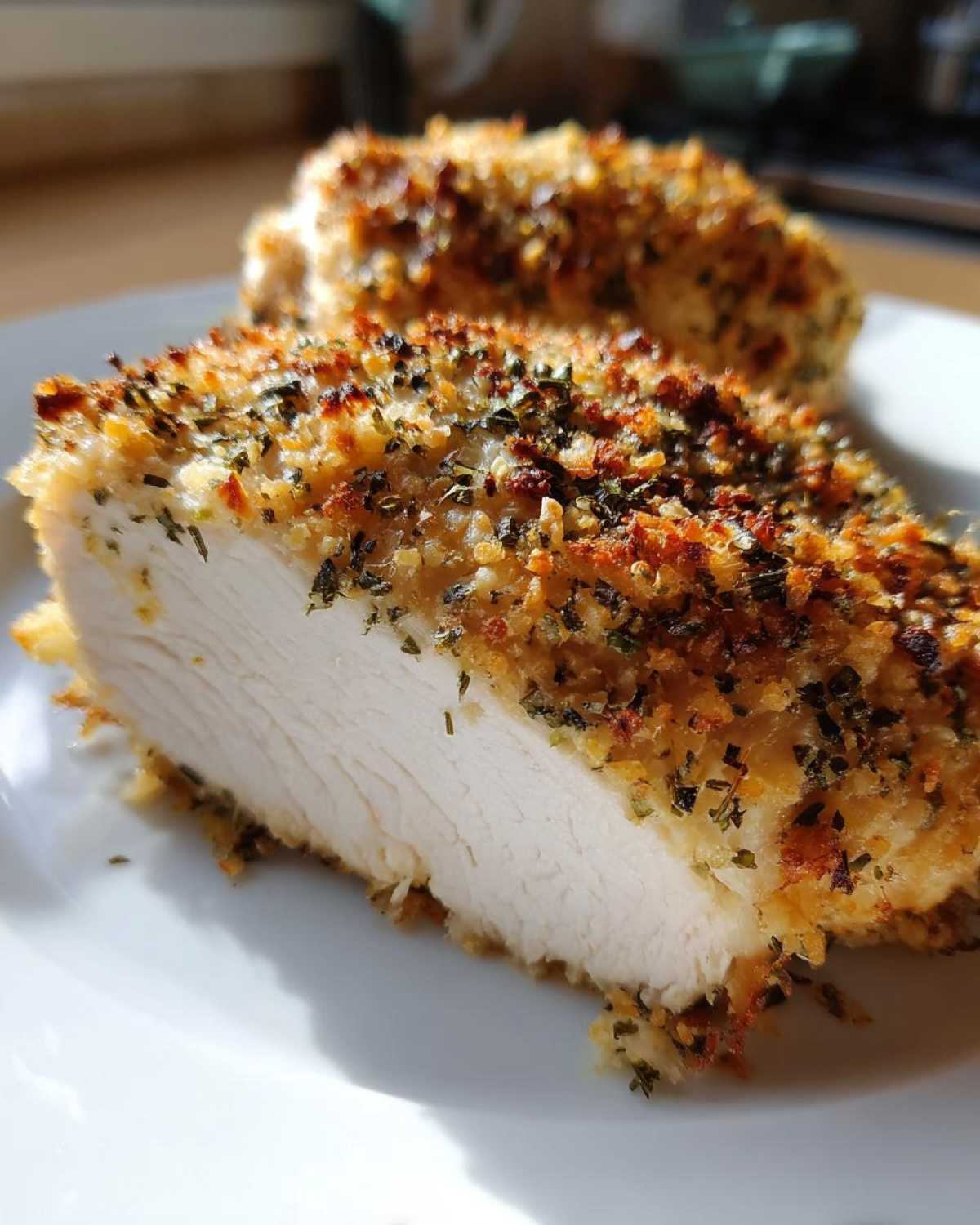 Close-up of baked ranch chicken breast cut in half, showing moist white meat and a crispy, herbed coating.