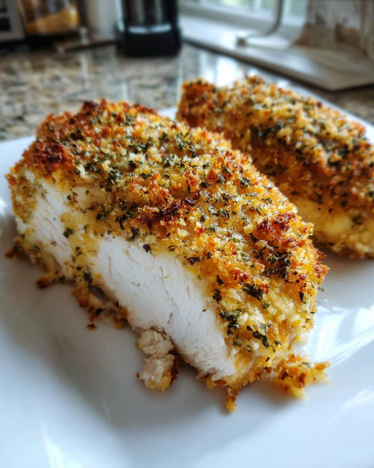 Close-up of a cross-section showing juicy white meat inside a crispy, seasoned crust of baked ranch chicken.