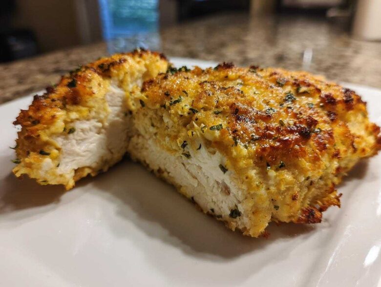 Cross-section of juicy baked ranch chicken showing the white interior and golden, herbed crust.