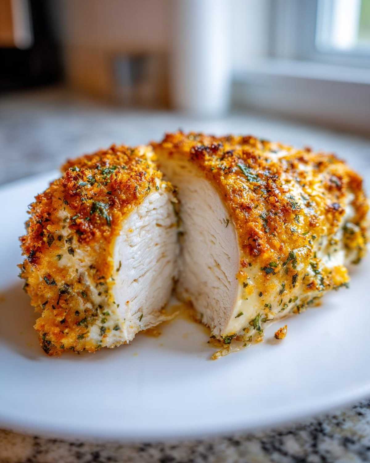 Close-up of a perfectly cooked baked ranch chicken breast, sliced to show juicy white meat and crispy seasoned crust.