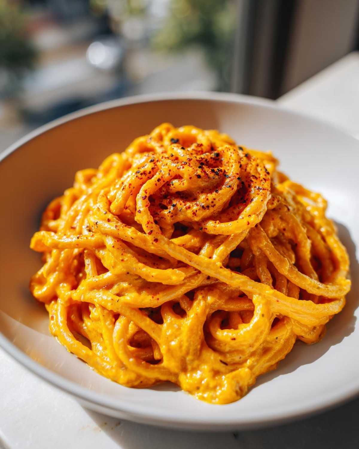 Close-up of spaghetti coated in vibrant orange butternut squash pasta sauce, topped with pepper.