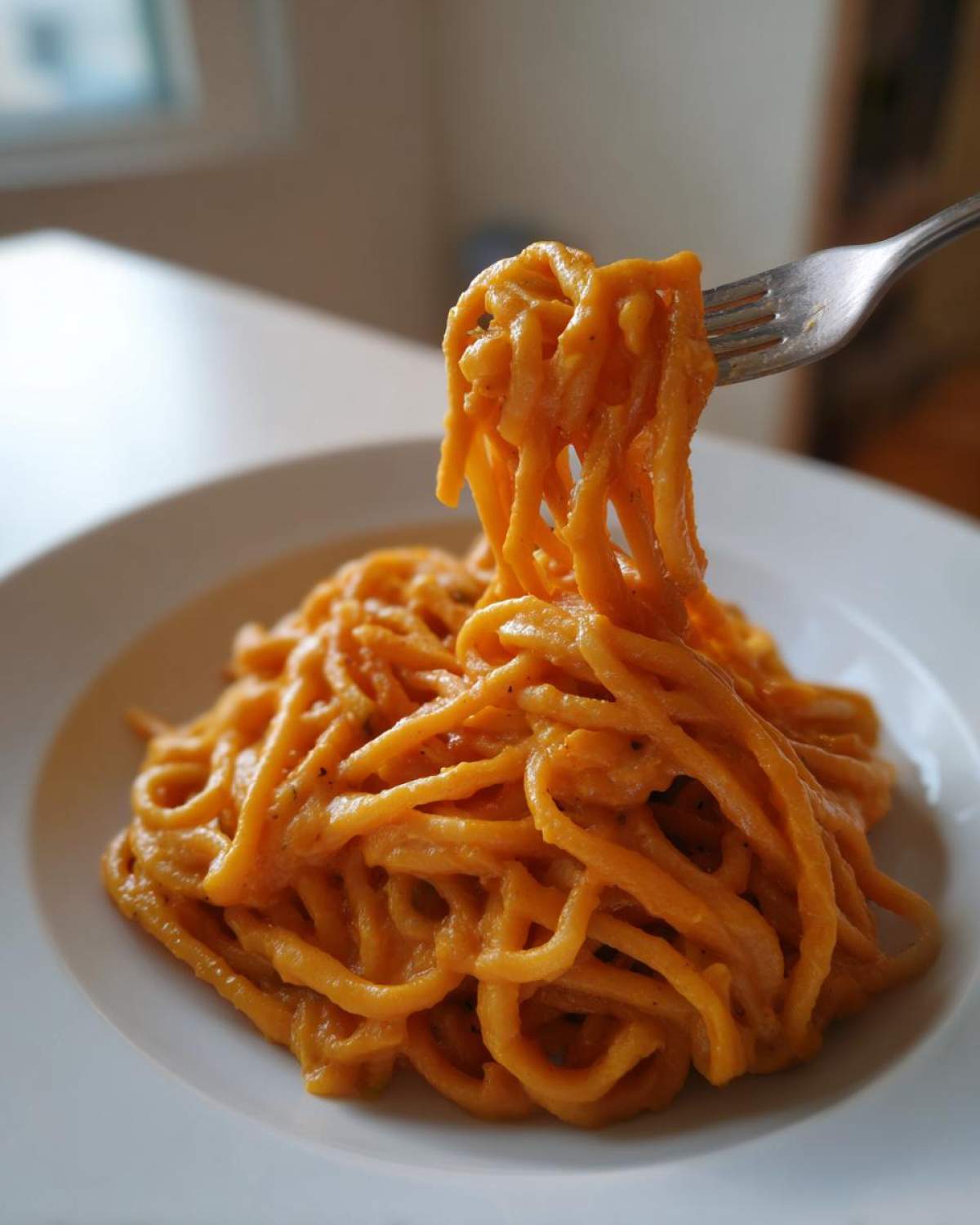 A fork lifts creamy, orange butternut squash pasta sauce coated spaghetti from a white plate.