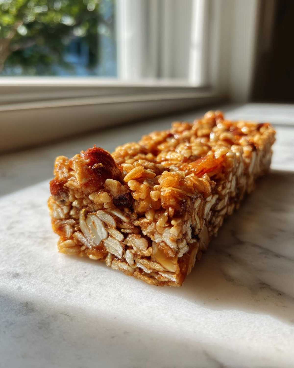 A close-up, sunlit view of a single, thick no bake granola bar showing oats and nuts on a marble surface.