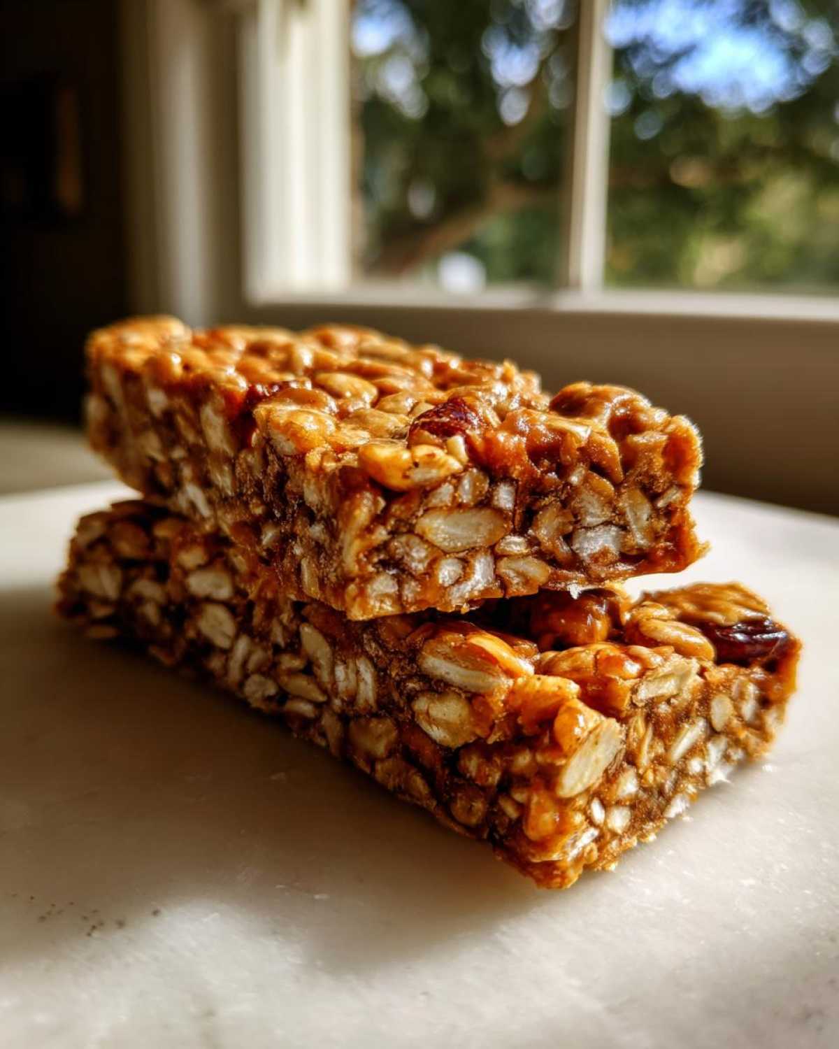 Close-up of several chewy no bake granola bars packed with oats and dried fruit sitting on a white marble surface.