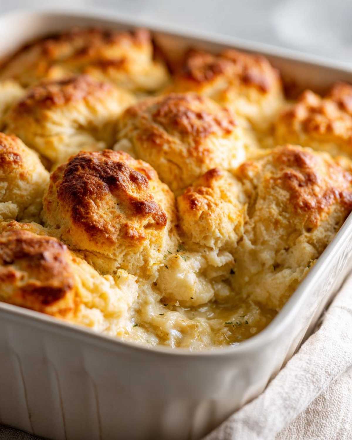 Close-up of a baked chicken pot pie casserole topped with golden brown, fluffy biscuits.