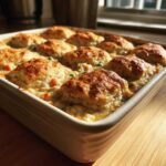 Close-up of a baked chicken pot pie casserole topped with golden brown biscuits bubbling in creamy sauce.