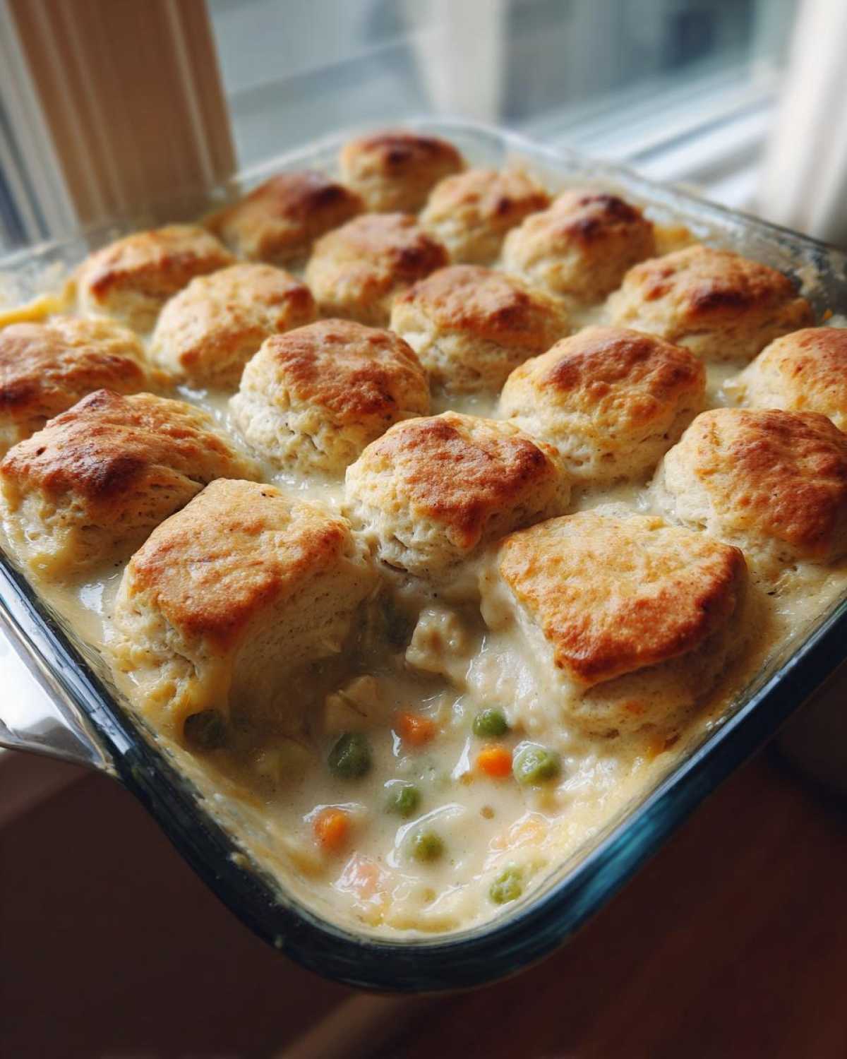 A glass baking dish filled with creamy chicken pot pie casserole topped with golden brown biscuits.