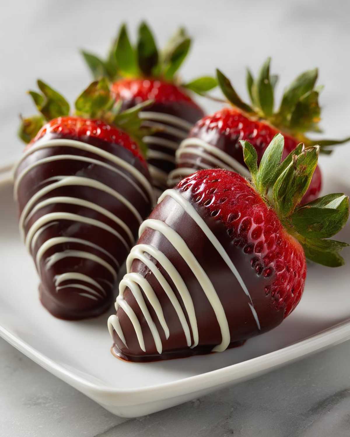 Four fresh chocolate covered strawberries drizzled with white chocolate, ready to eat.