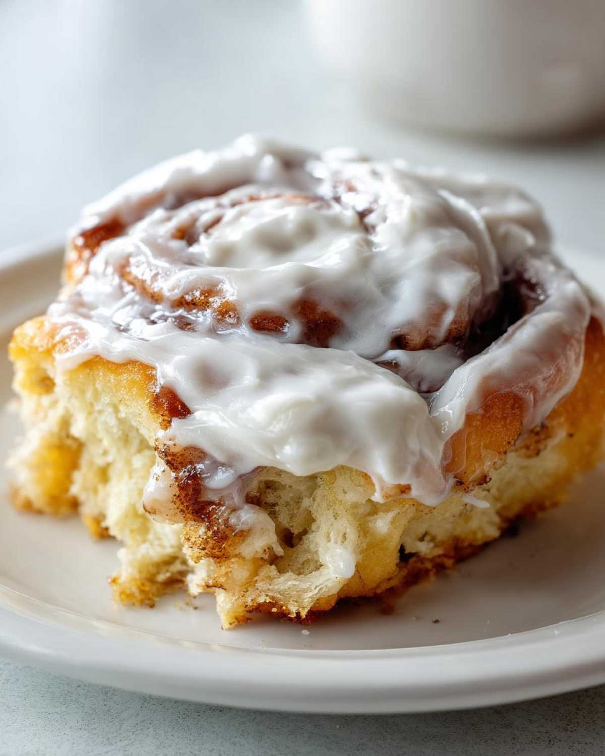 Close-up of a soft cinnamon roll generously topped with thick, white Copycat Cinnabon Cream Cheese Frosting.