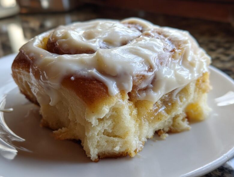 Close-up of a soft cinnamon roll generously topped with thick, glossy Copycat Cinnabon Cream Cheese Frosting on a white plate.