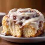 Close-up of a fluffy cinnamon roll generously topped with thick, dripping Copycat Cinnabon Cream Cheese Frosting.