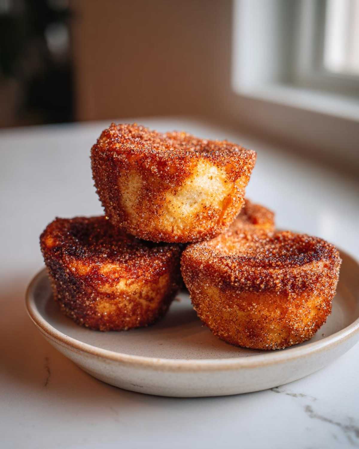 A stack of three golden brown cinnamon sugar french toast muffins coated heavily in cinnamon sugar mixture.