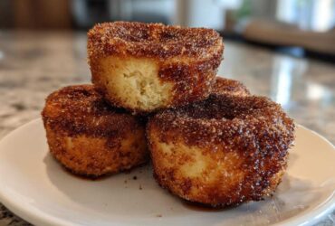 A stack of three golden brown cinnamon sugar french toast muffins heavily coated in sparkling cinnamon sugar.
