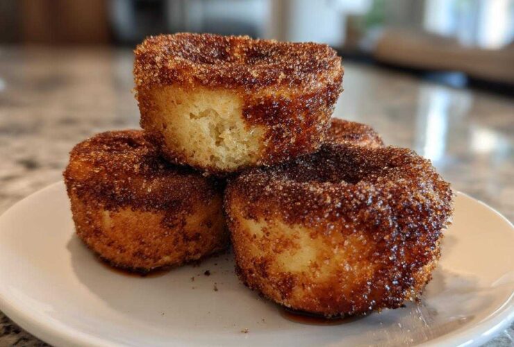 A stack of three golden brown cinnamon sugar french toast muffins heavily coated in sparkling cinnamon sugar.