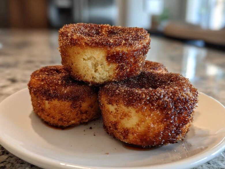 A stack of three golden brown cinnamon sugar french toast muffins heavily coated in sparkling cinnamon sugar.