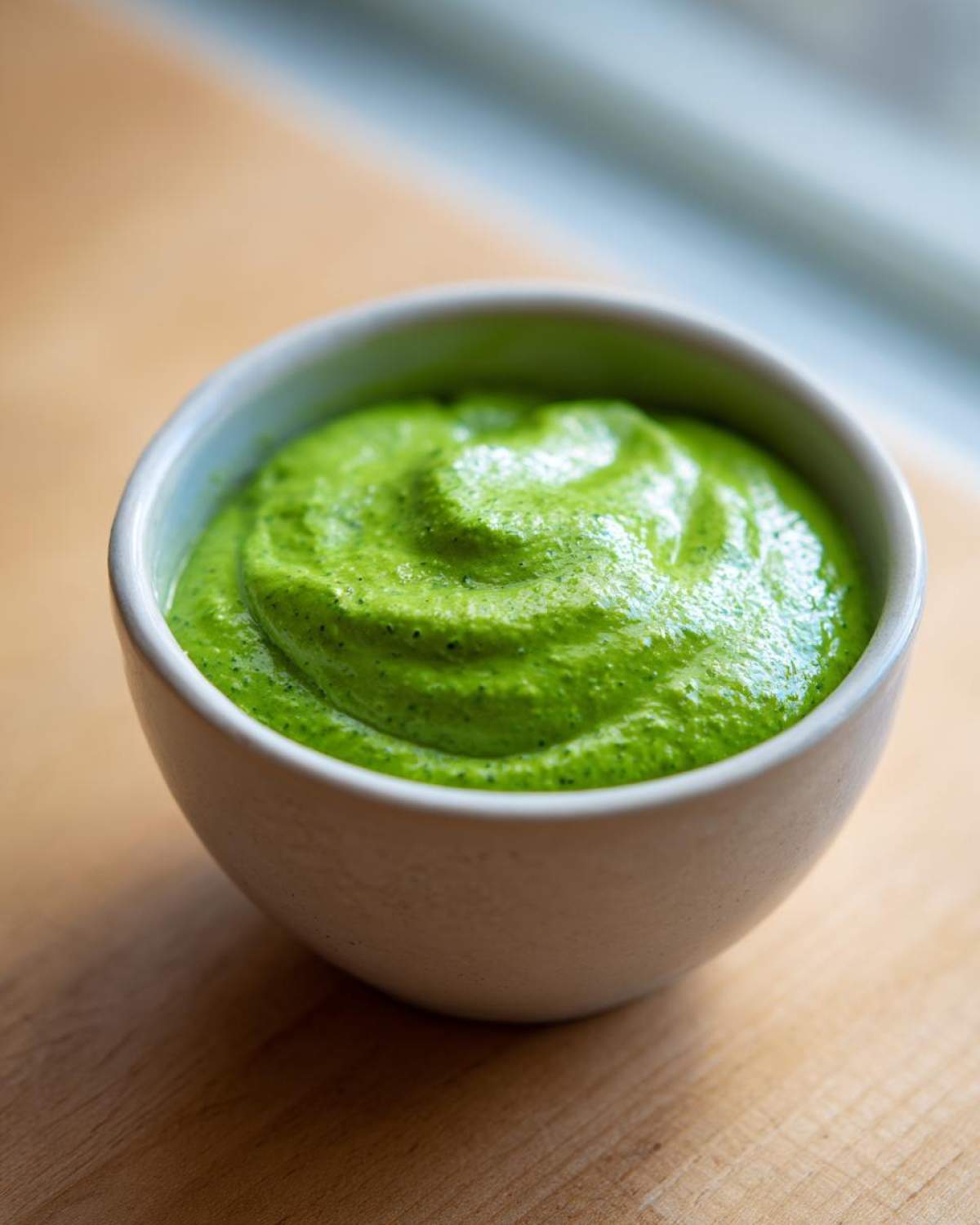 Close-up of vibrant green Copycat Panera Green Goddess Dressing swirled in a small white bowl.