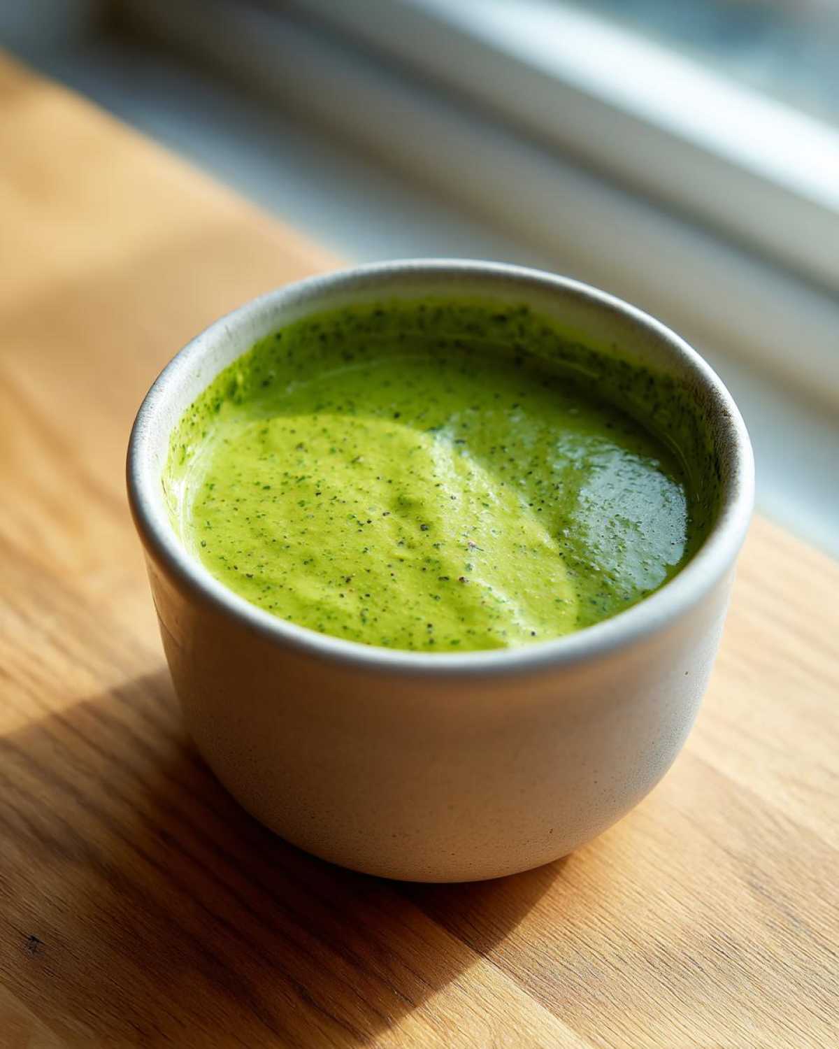 Close-up of vibrant green Copycat Panera Green Goddess Dressing in a small white bowl on a wooden surface.